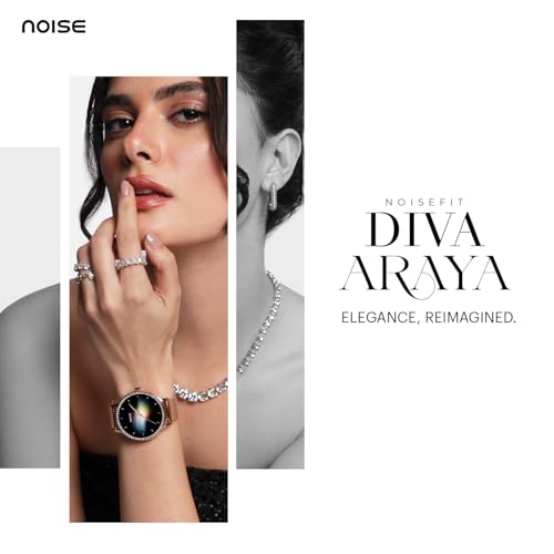Noise Diva Araya Smartwatch for Women with AMOLED Display (850 Nits), 60 Precision-Set Crystals, Cycle Tracking, Skin Temperature, SOS with Live Location, 100+ Watch Faces - Frost Silver Ceramic
