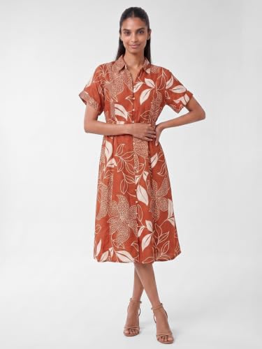 Max Women Printed Midi Shirt Dress (Orange_S)