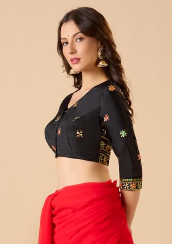 S SALWAR STUDIO Black Chinon Silk V Neck Phulkari Readymade Blouse