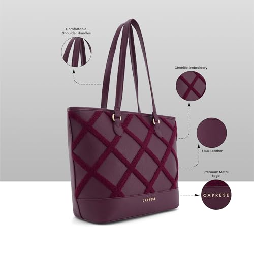 Caprese Athena 15 Inch Laptop Compatible Large Tote Bag for Women | Shoulder Bag with Chenille Embroidery | Multi-Compartment Professional Work Bag with Zipper Closure (Cherry Lacquer)