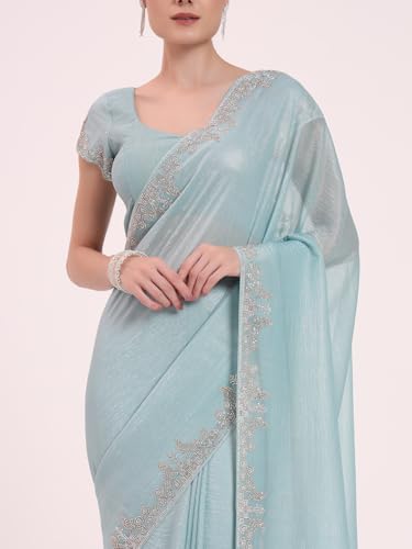 FIORRA Women's Sky Blue Organza Crushed Saree with Siroski Zarkhan Handwork and Unstitched Blouse
