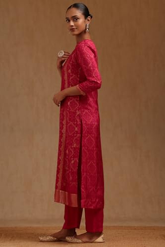 Soch Womens Fuchsia Dola Silk Bandhani Print Kurta Set With Zari Woven