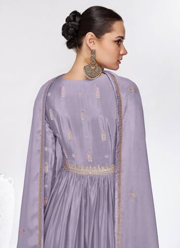 Shampysky Women's Purple Chinon Stitched Top With Dupatta Full Sleeve Embroidered Anarkali Gown (SSW-1179-Purple-XL)