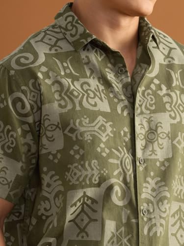 The Souled Store Nomad: Aztec Men and Boys Short Sleeve Spread Collar Green All Over Print Casual Trendy Easy to Style Cotton Relaxed Shirt