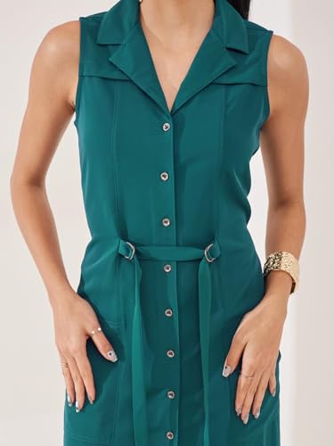 Latin Quarters Women's Teal Solid Sleeveless Collar Neck Casual Shirt Dress_S