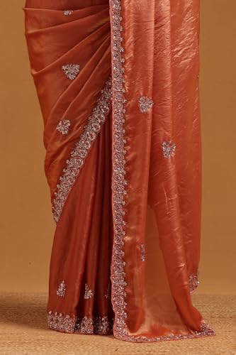 Soch Womens Rust Organza Floral Saree With Beaded