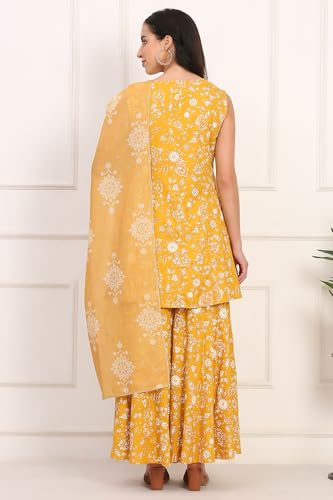 W for Woman Floral Printed Embroidered Neck Flared Kurta, Sharara and Dupatta Set (Size: S)-WS12733-125817
