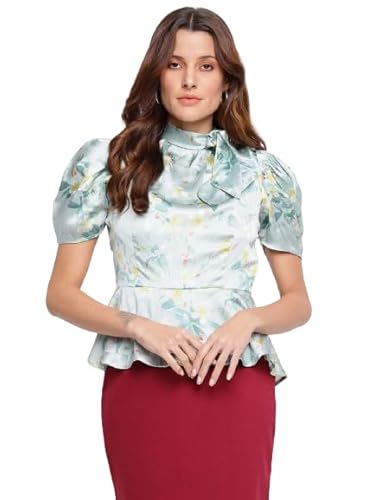 Latin Quarters Women Green Tie Neck Half Sleeve Floral Top for Casual Wear_M