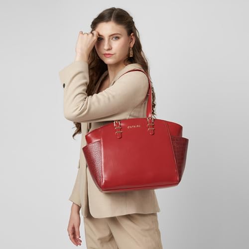 Caprese Macie Medium Alpine Oat Tote Bag for Women | Solid Faux Leather Shoulder Handbag with Spacious Interior & Zipper Closure | Fits Up to 16-Inch Laptop | Office & Travel Use (Cherry Lacquer)