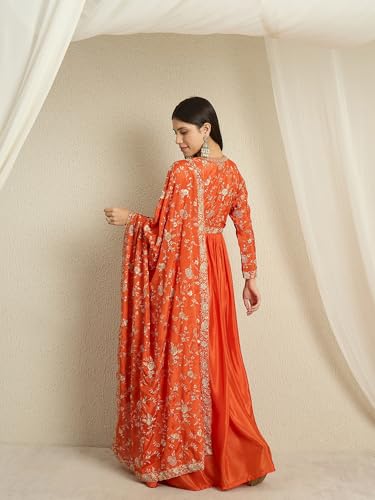 Hoyendiafad Women's Orange Chinon Stitched Gown With Dupatta Full Sleeve Embroidered Anarkali Gown (HFY-1244-Orange-L)