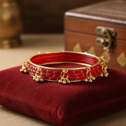 MM JEWELS Kashmiri Red Glass Bangles Set with Ghungroo Latkan for Women & Girls | Traditional Gold-Plated Bridal Churi set for Wedding & Festival | Ethnic Handcrafted Jewelry with Jingle Bell Hangings (Set of 16) (Red, 2.4)