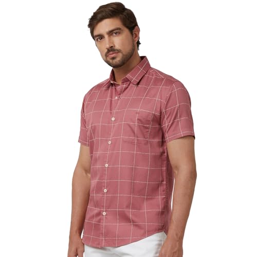 MUFTI Men Casual Shirt | Slim Fit Half Sleeve Spread Collar Checkered Design | 100% Cotton Breathable Fabric for Smart Casual & Everyday Wear| Muted Rose Pink 6XL