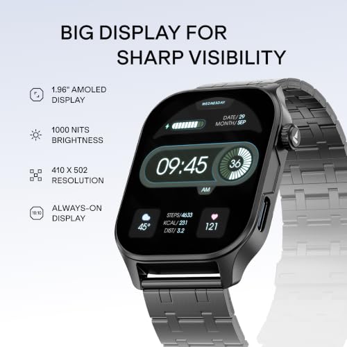 boAt New Launch Ultima Vogue 2, India's First AMOLED Type-C Smartwatch, 1.96" Display, 1000 nits Brightness, Metal Body w/Premium Straps, 10-Days Battery Life, Smartwatch for Men & Women (Steel Black)