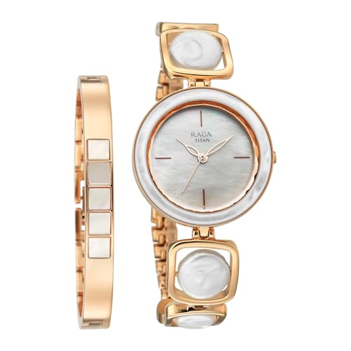 Titan Raga Power Pearls 2.0 with Quartz Analog Mother of Pearl Dial Rose Gold Brass Strap Watch for Women - 95250WM02F
