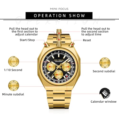 MF MINI FOCUS Unique Dress Men Watches (Chronograph/Waterproof/Luminous/Calendar) Big Face Stainless Steel Band Watches for Men, Black_Golden