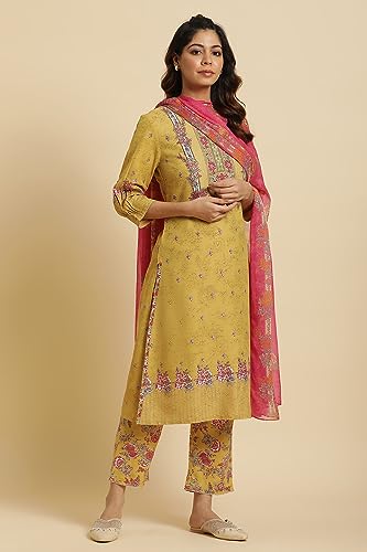 W for Woman Yellow Floral Printed Kurta, Pants and Pink Dupatta Set_24AUWS19723-121076_L