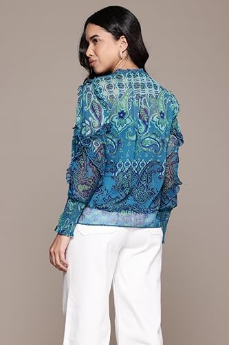 Aarke Ritu Kumar Denim Blue Cashmere Peasant Top with Camisole