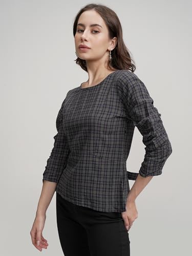 Tokyo Talkies Women's Checked Pure Cotton Styled Back Top | Boat Neck & 3/4 Sleeves | Comfortable & Stylish | Perfect for Casual Days | Tops for Woman | Women Tops | Stylish Top