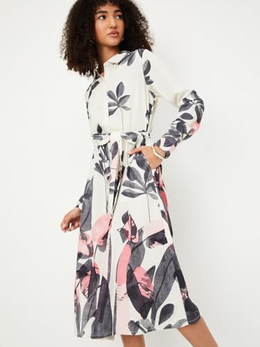 Max Women Floral Printed Shirt Dress (Off White_XL)