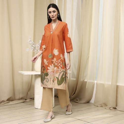 Biba Women Orange Cotton Blend Schiffli Straight Kurta Set_38