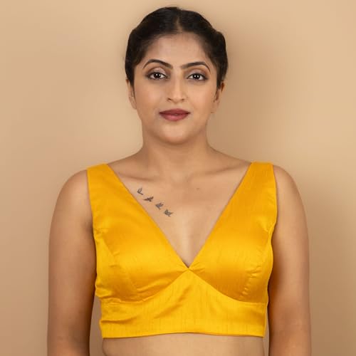 Women's Dupion Raw Silk Sleeveless V Neck Sabyasachi Cut Readymade Saree Blouse Padded Stitched Lining Designer Indian Festive Blouse | S4 (Yellow, 46)