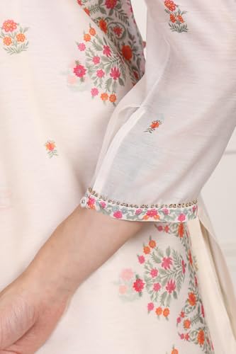 W for Woman Off-White Floral Print Lace Straight Kurta with Inner Flared Pant and Dupatta Set (WS13083-126482-L)
