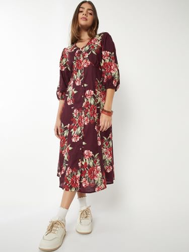 Max Women Floral Print A-line Dress(Red_S)