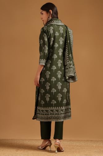 Soch Womens Green Dola Silk Botanical Printed Salwar Suit With Beads And Stones