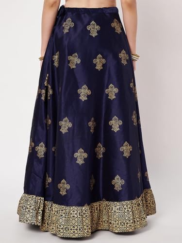 studio rasa Women's Dupion Block Printed Ruffle Bias Skirt for Wedding Festive Party(SKTC62507XL_Navyblue_X-Large)