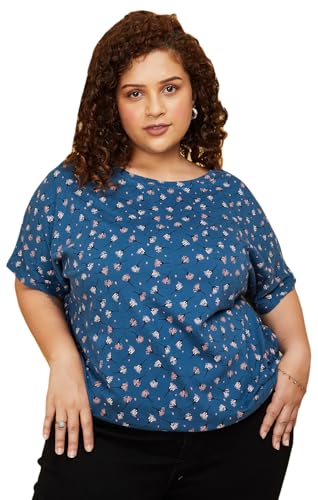 Max Women Plus Size Pure Cotton Floral Printed Round Neck T-shirt (SP23ELITE01P_Blue)