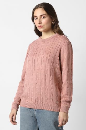 Women Peach Textured Round Neck Sweater