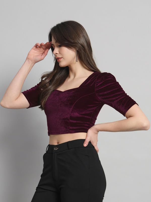 Vaararo Velvet Blouse Tops for Women | Party Puff Sleeves Readymade Outfit Wine XXX-Large