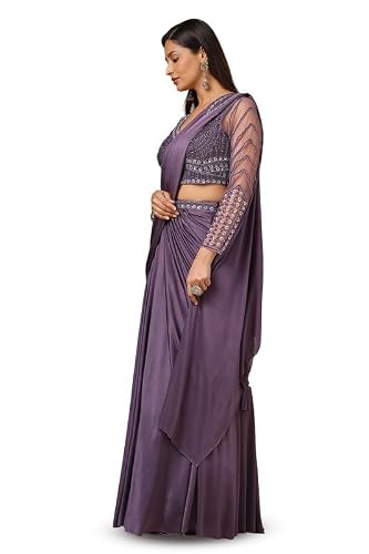 Soch Womens Purple Beads Embellished Nylon Blend Ready-To-Wear Saree