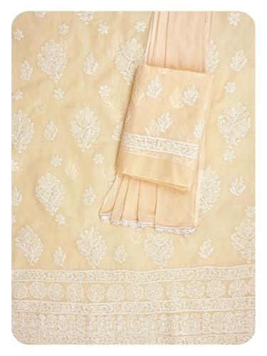 Ada Hand Embroidered Lucknowi Chikankari Unstitched Cotton Dress Material Suit Piece with Dupatta for Women 01A853618 Fawn