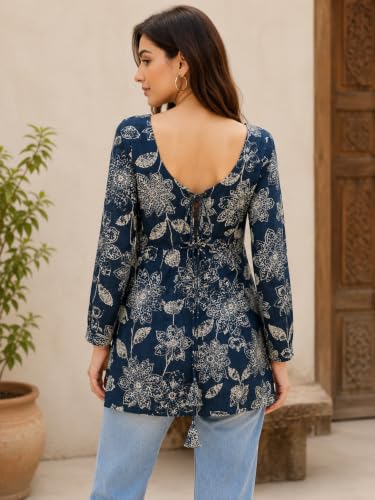 HOUSE OF RAAGA Gauri Women's Jaipuri Pure Cotton Floral Printed Peplum Kurti | Square Neck | Full Sleeves | Corset-Style Back Tie | Casual & Ethnic Wear Size,S