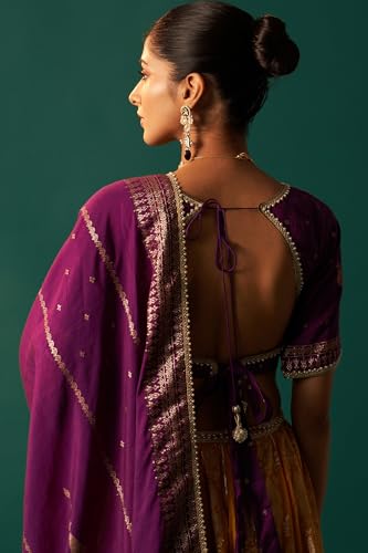 Wishful Women's Purple Embroidered Chanderi Jacquard Blouse with Flared Skirt and Dupatta Set (SP13161-314465-S)
