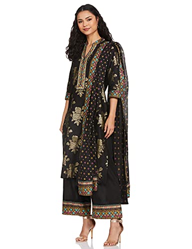 BIBA WOMEN PRINTED STRAIGHT SALWAR KURTA DUPATTA(SKDBANDHEJ 7509_BLACK_42)