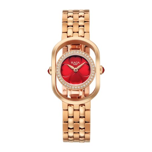 Titan Raga Paris with Love Quartz Analog 3Hands Display Red/Mirror Polished dial with Embossed Pattern Dial Rose Gold Stainless Steel Strap Watch for Women - 2839WM01