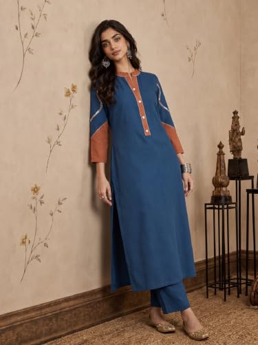 Varanga Women Blue With Rust A Line Kurta Trousers Set Mandarin Collar