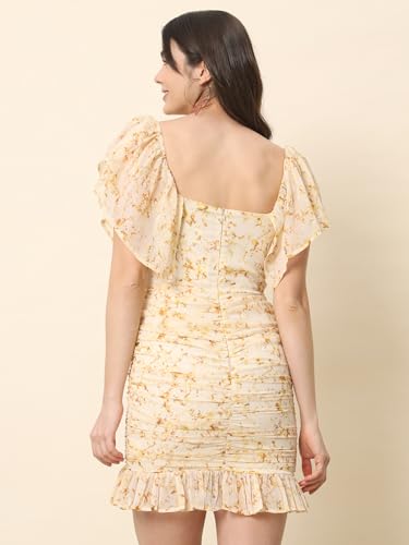 Trend Arrest.ed Women's Off-Shoulder Ruched Mini Dress|Printed Bodycon Dress for Beach, Casual Parties & Summer Outings | Short Sleeve Sheath Fit (2XL) Cream