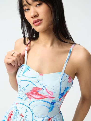 The Souled Store Hello Kitty: Indigo Wave Women and Girls Sleeveless Sweetheart Neck Light Blue Graphic Printed Cotton Fit and Flare Lightweight Casual Dress