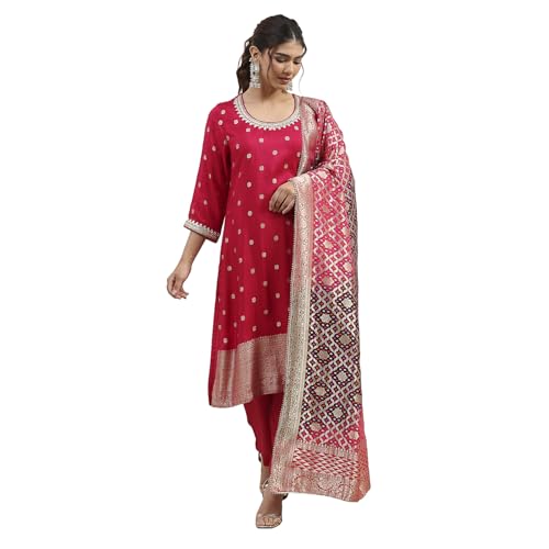 BIBA Women Pink Viscose Rayon Straight Suit Set_42