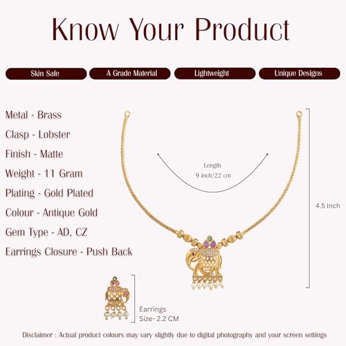 ZYRA JEWELS Elephant Design Traditional Necklace Set with Earrings for Women and Girls – Pearl Drop, Antique Finish, Temple Jewellery set