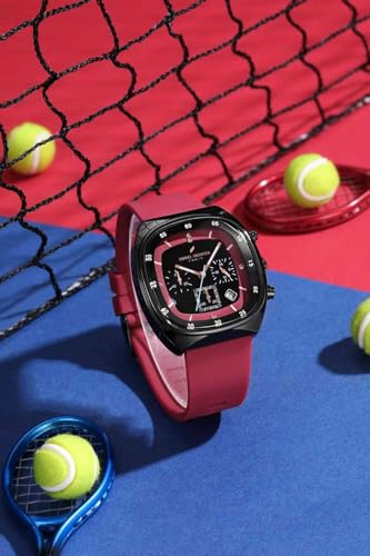 Daniel Hechter Paris Bercy Collection Modern Multi Functional Watch for Men with Square Dial and Silicon Band-DHM1001 (Dial: Black Strap: Red)