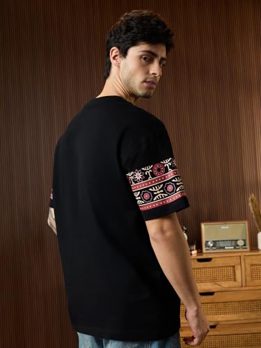 The Souled Store Spider-Man: Great Desi Power Men and Boys Short Sleeves Round Neck Black Graphic Printed Casual Lightweight Drop Shoulder Streetwear Trendy Oversized T-Shirt