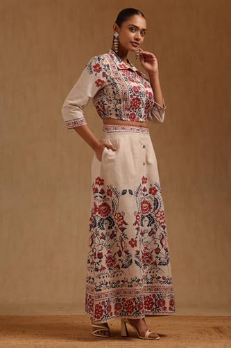 Soch Womens Beige Cotton Slub Floral Printed Co-Ords Set