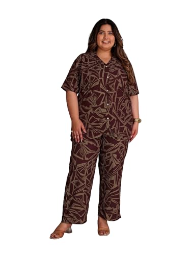 TITTLI Women All-Over Printed Rayon Shirt & Pyjama Nightsuit | Shirt Collar & Short Sleeves | 2 Pockets and Elasticated Waist Pyjama | Comfortable Plus Size Nightsuit Wine