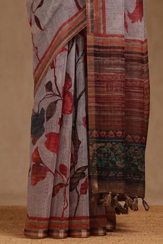 Soch Womens Grey Linen Botanical Print Saree