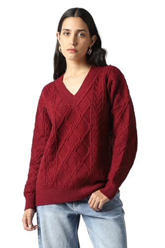 Women Maroon Textured V Neck Sweater