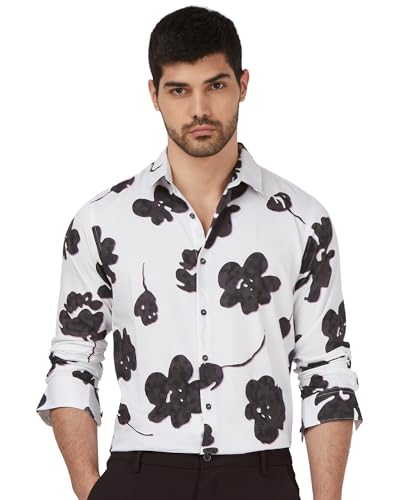 MUFTI Men Shirt | Slim Fit Full Sleeve Spread Collar Floral Print Design | 100% Cotton Sateen Fabric for Party & Smart Casual Wear| Bright Snow White 6XL